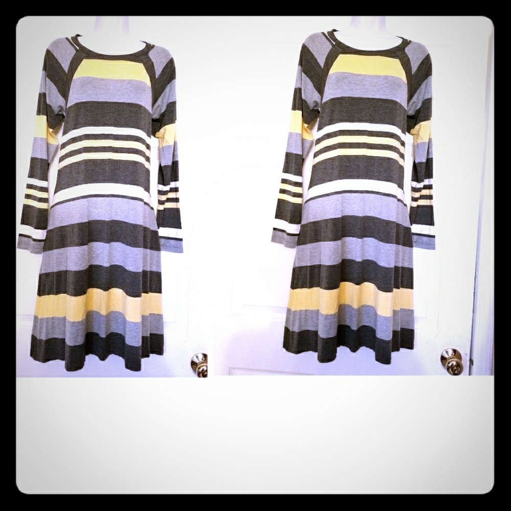 cute gray@yellow stripped knit swing dress